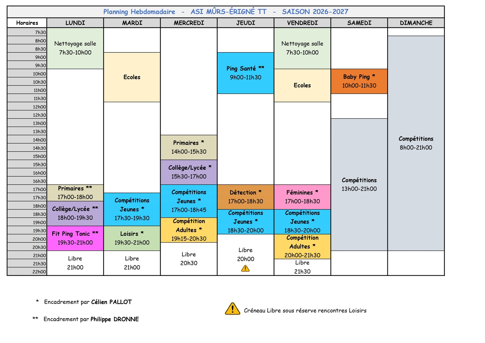 Planning entrainement saison 2026-2027