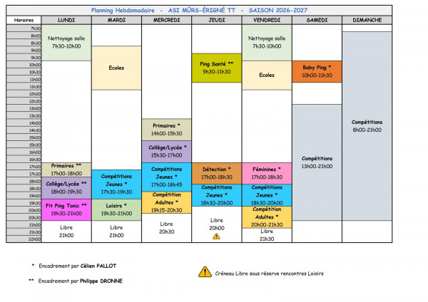 Planning entrainement saison 2026-2027