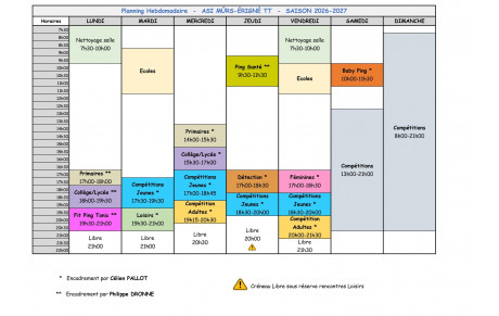 Planning entrainement saison 2026-2027